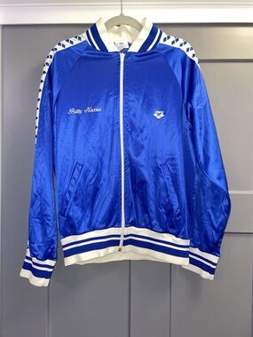 Vintage Arena Zip Up Track Blue & White Jacket Size M Tape Logo Sleeves *Flaws
